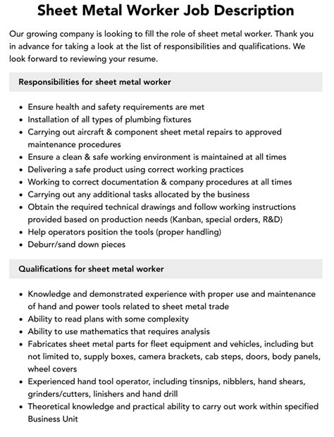 sheet metal engineer job description|sheet metal worker requirements.